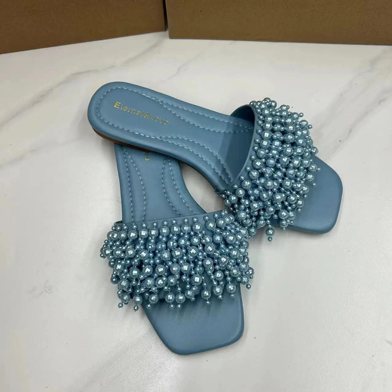 Women US5/EU36 / Blue New Arrival Sandale Plat  Pearl Diamond Outdoor 2024 New Spring Korean Sandals for Women