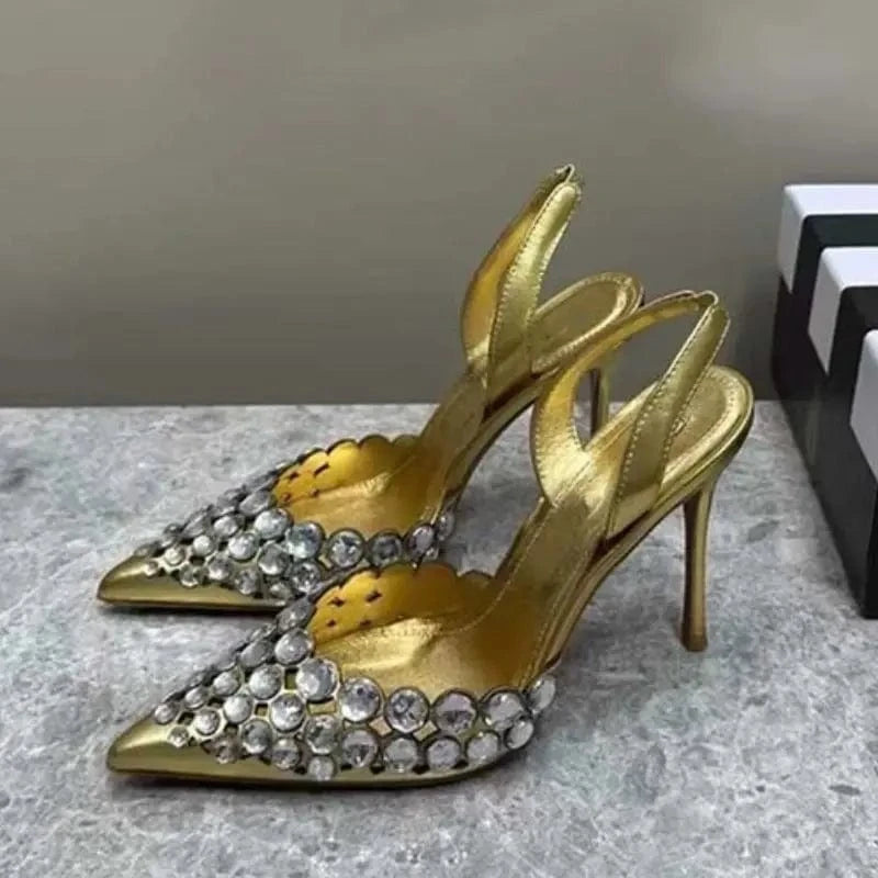 Women US5/EU36 / Gold Sandalias Elegantes Big Diamond Pointed Toe Sandal Fashion Shoes New Heels for ladies