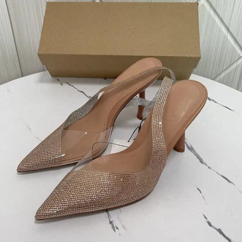 Women US5/EU36 / Tan Chaussures Femme Mule A Talon Studded SlingbackHeels Fashion 2024 Summer Women Slipper Sandals