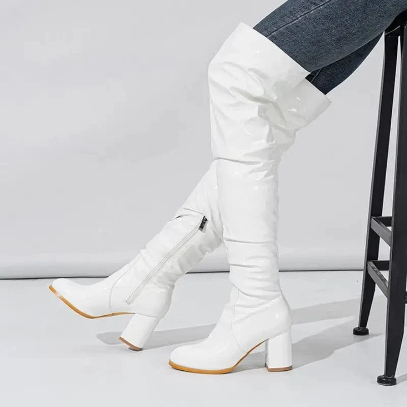Women US5/EU36 / White Botas Largas De Mujer Chunky Low Heel Women Over the Knee Boots for Winter and Fall