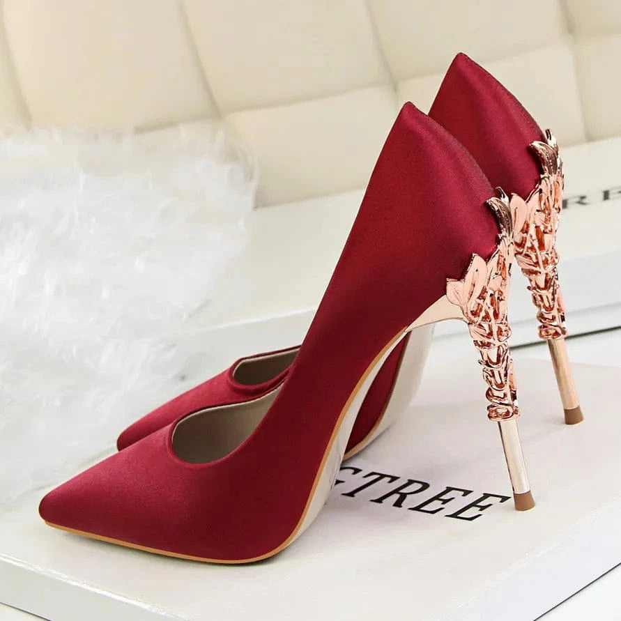 Women US6/EU37 / Wine Zapatos Mujer Tacones Fashion Fashion Spike Gold Metal Stiletto New Designer Elegant Pump Heels for Ladies and Women