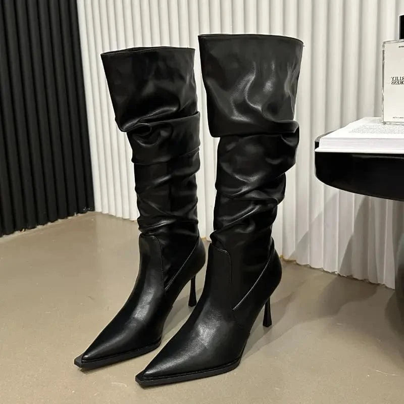 Women US7.5/EU39 / Black Botas De Invierno Knee HIgh Newest Sepatu Stiletto Heel Ladies Fashion Boots for Woman