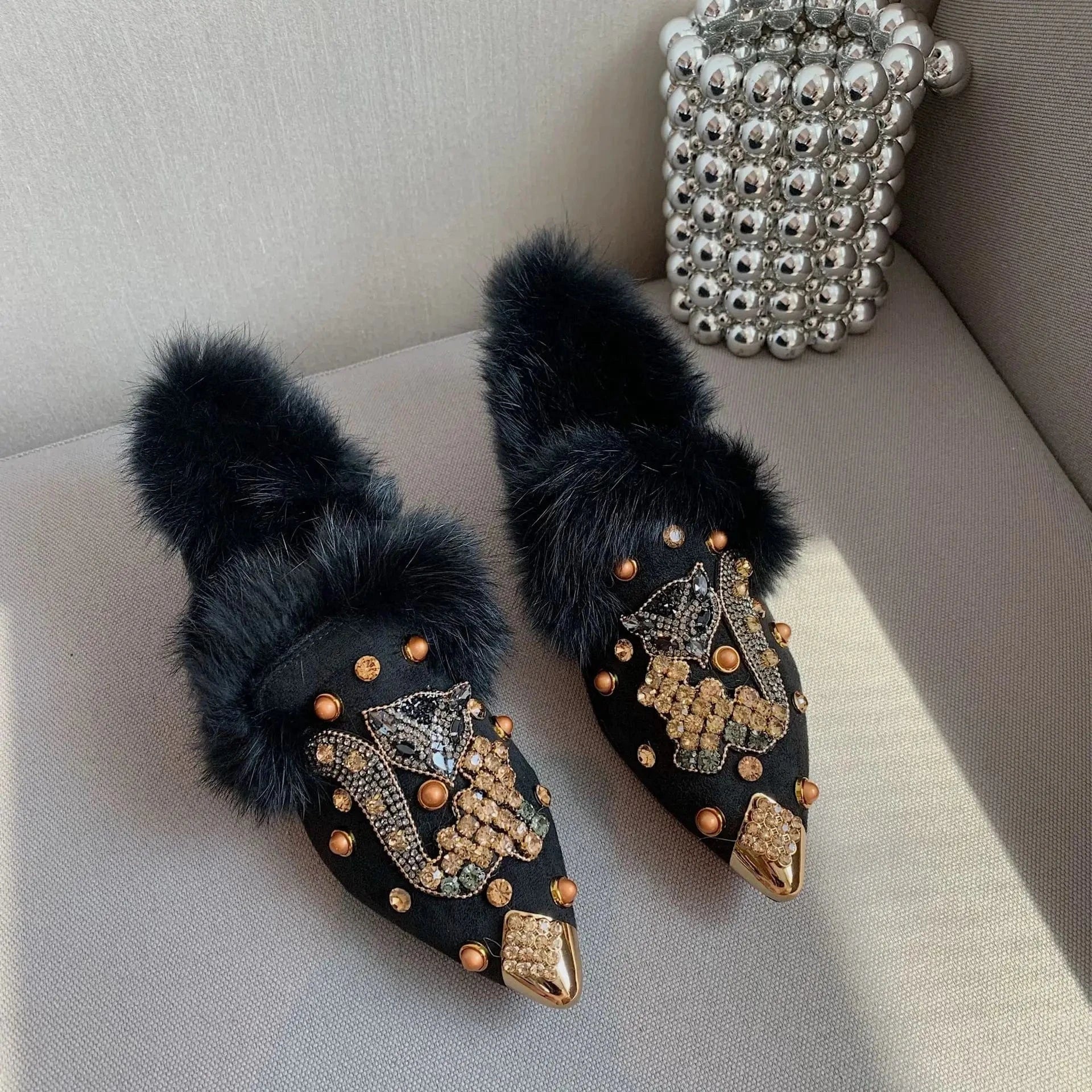 Women US7.5/EU39 / Black Suede Furry Inside Casual Outdoor Slippers Closed Toe Female Women Loafer Flat shoes with Diamonds