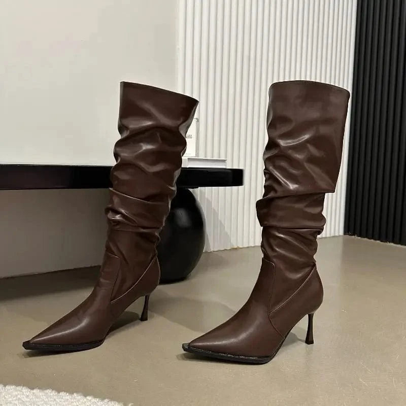 Women US7.5/EU39 / Brown Botas De Invierno Knee HIgh Newest Sepatu Stiletto Heel Ladies Fashion Boots for Woman
