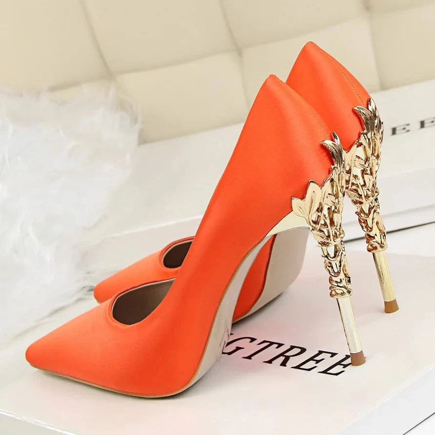 Women US7.5/EU39 / Orange Zapatos Mujer Tacones Fashion Fashion Spike Gold Metal Stiletto New Designer Elegant Pump Heels for Ladies and Women