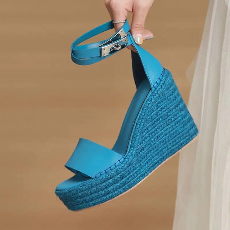 Women US7.5/Eur39 / Blue New Trendy Quality Sandalias Plataforma Jute Sole 2023 Platform Female Wedge Sandals