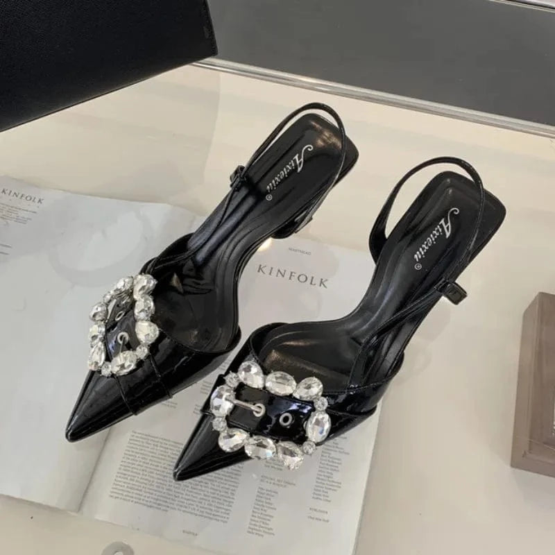 Women US7/EU38 / Black Wine Red Color Famous Sandalia Salto Alta Qualidade SlingBack Crystal Shoes Luxury Women 2024 Heels for Ladies