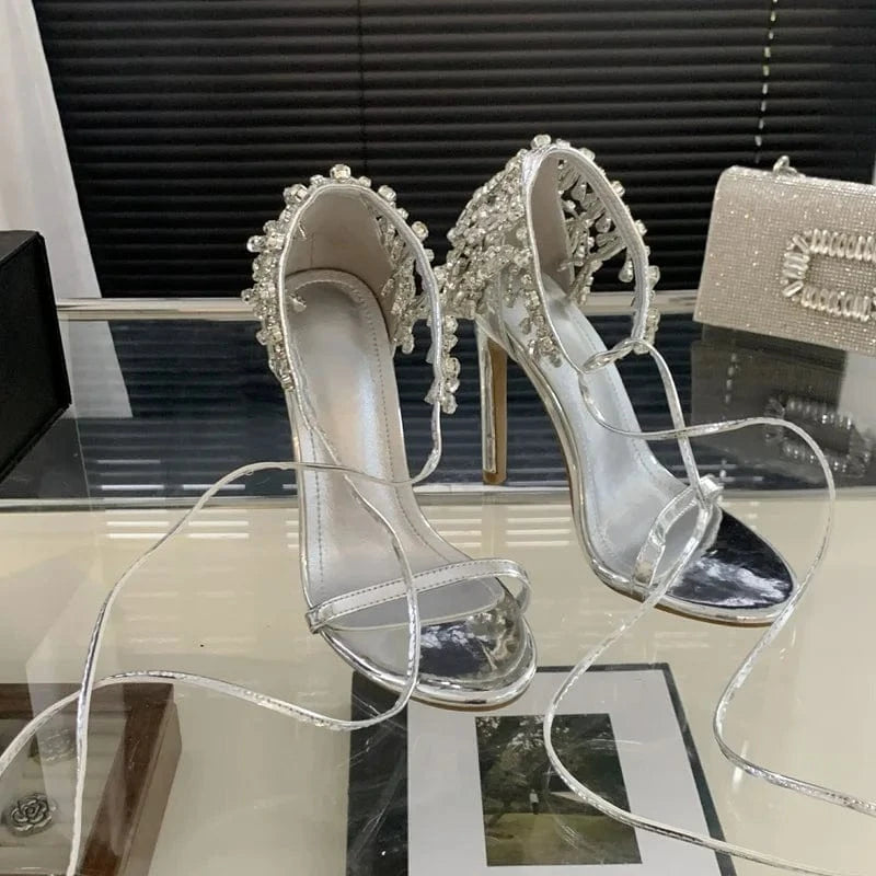 Women US9/EU41 / silver Rhinestone Tassel Bling Silver Sandals Open Toe Lace Up Ankle Straps Summer Party Women Stiletto Heels