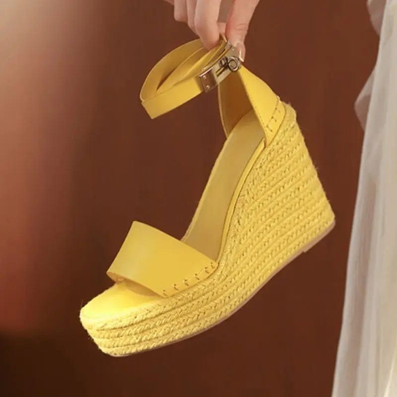 Women US9/Eur41 / Yellow New Trendy Quality Sandalias Plataforma Jute Sole 2023 Platform Female Wedge Sandals