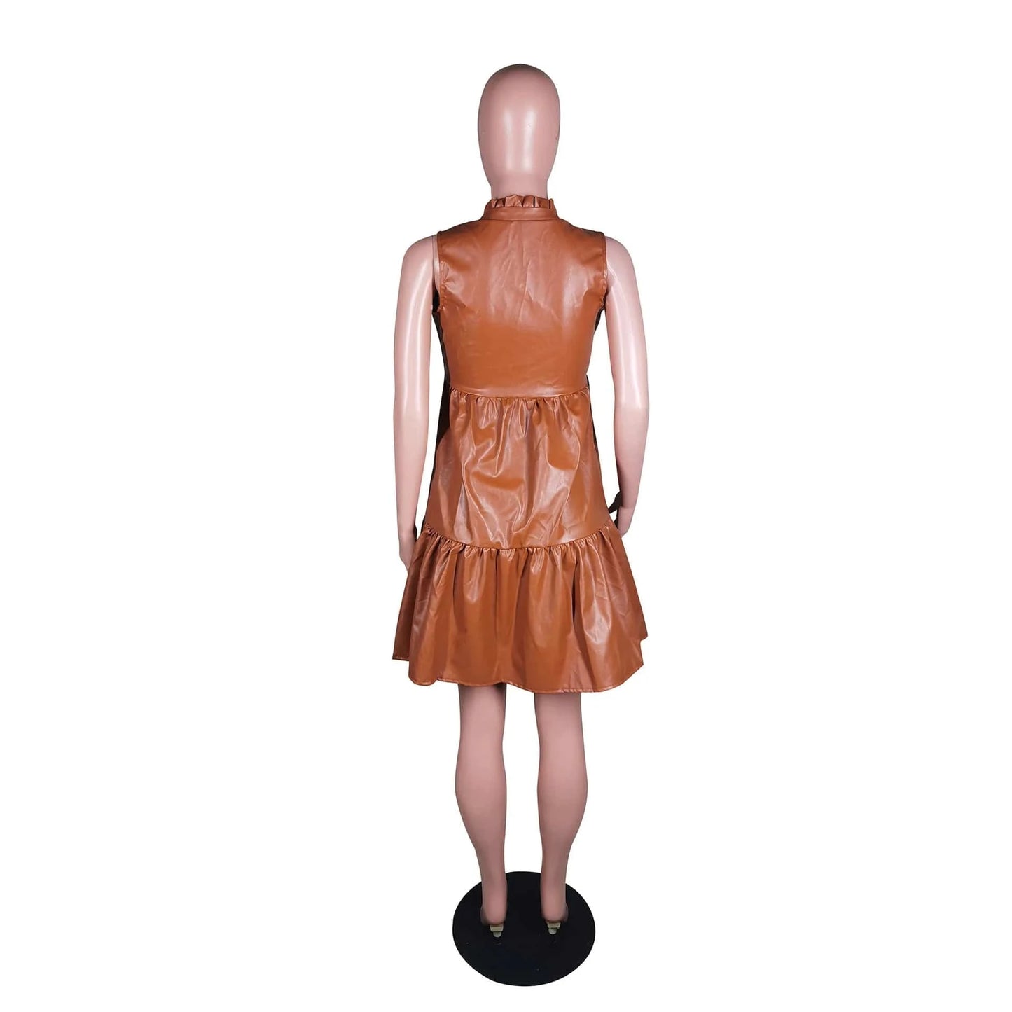 Women V-neck Sleeveless PU A-line Cascading Ruffles Hem A-line Mini Dress 2025 New Classic Faux Leather Fit Flare Dress