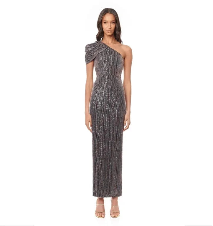 Women Vestidos Black One Shoulder Elegant Stripe Sequin Dresses Prom Party Dinner Evening dresses.