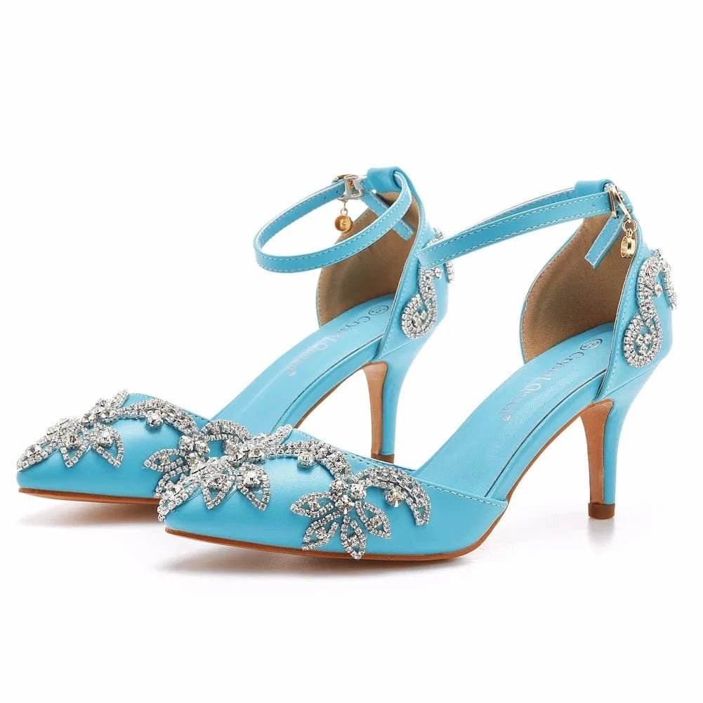 Women Wedding Shoes Classic Rhinestone Decor PU Pointed-toe Shoes Hollow Out Ankle Strap High Heel Sandals Ladies Bridal Sandals