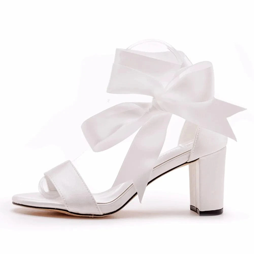 Women Wedding Shoes Comfortable Silk Satin Round-toe Shoe Hollow Out Ankle Strap Chunky Heel Sandals Ladies Dress Bridal Sandals