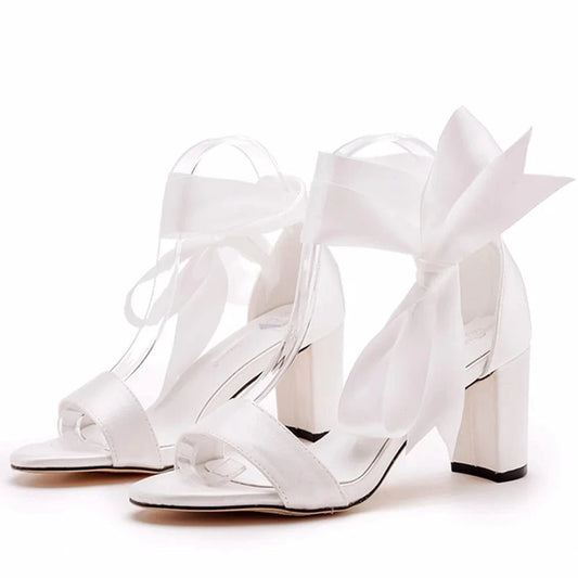 Women Wedding Shoes Comfortable Silk Satin Round-toe Shoe Hollow Out Ankle Strap Chunky Heel Sandals Ladies Dress Bridal Sandals