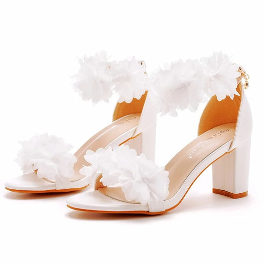 Women Wedding Shoes Elegant Floral Decor Round-toe Open-toe Shoes Hollow Out Ankle Strap High Heel Sandals Ladies Bridal Sandals