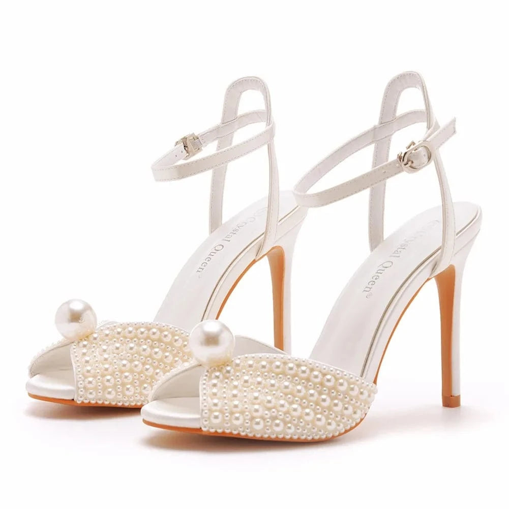 Women Wedding Shoes Elegant Pearls Decor Round-toe Shoes Ankle Strap Large Size High Heels Sandals Ladies Banquet Bridal Sandals