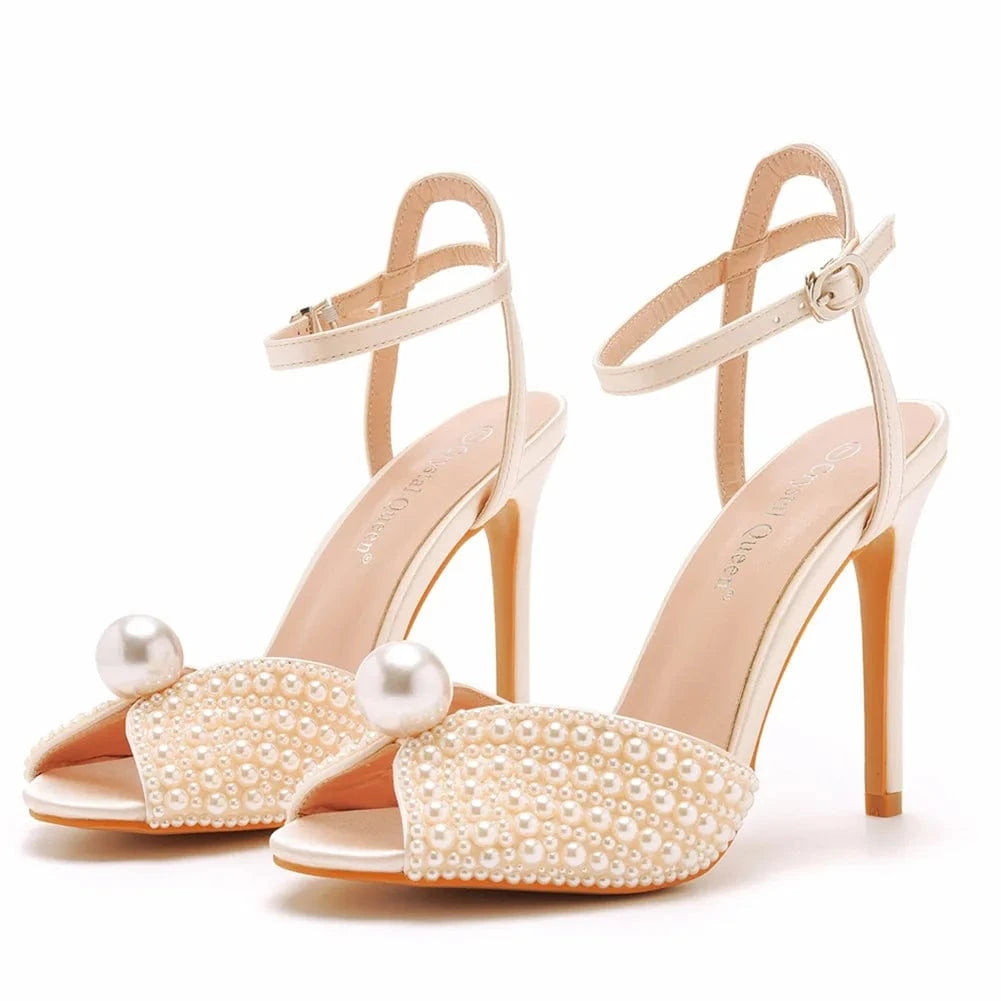 Women Wedding Shoes Elegant Pearls Decor Round-toe Shoes Ankle Strap Large Size High Heels Sandals Ladies Banquet Bridal Sandals