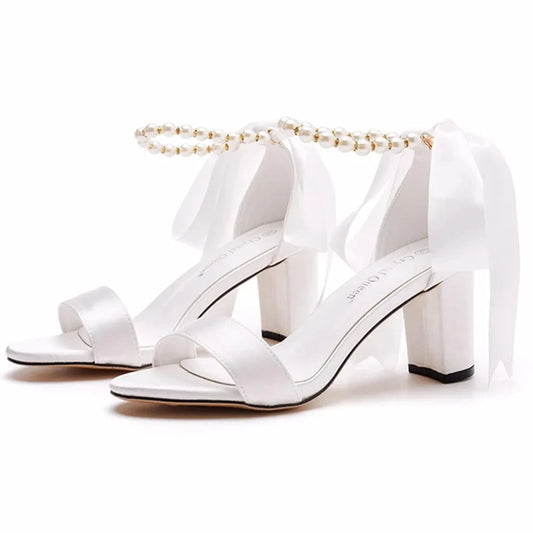 Women Wedding Shoes Fashion Silk Satin Round-toe Shoes Open-toe Large Size High Heel Sandals Ladies Banquet Dress Bridal Sandals