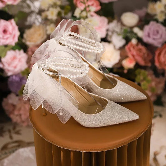 Women Wedding Shoes Luxury String Bead Lace Bowknot Decor Mujer Zapatos Pointed-toe Wrap-toe High Heel Pumps Ladies Bridal Shoes