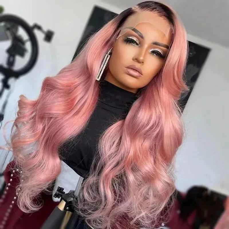 Women Wig Ombre Baby Pink Color Remy Human Hair 150% Density Transparent HD Lace Front Wigs With Dark Root