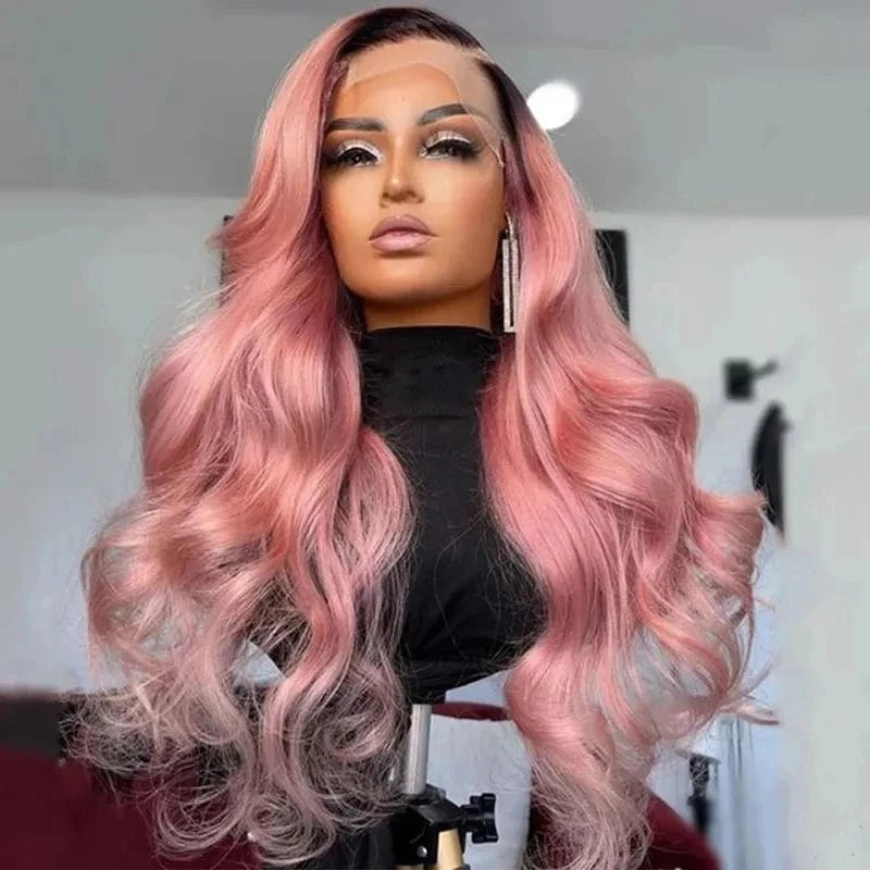 Women Wig Ombre Baby Pink Color Remy Human Hair 150% Density Transparent HD Lace Front Wigs With Dark Root