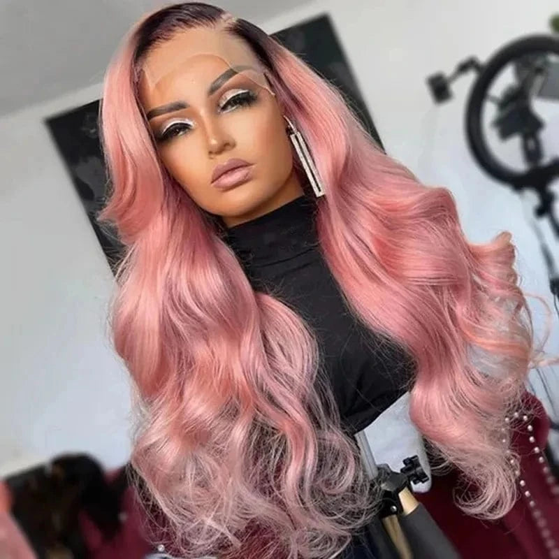 Women Wig Ombre Baby Pink Color Remy Human Hair 150% Density Transparent HD Lace Front Wigs With Dark Root