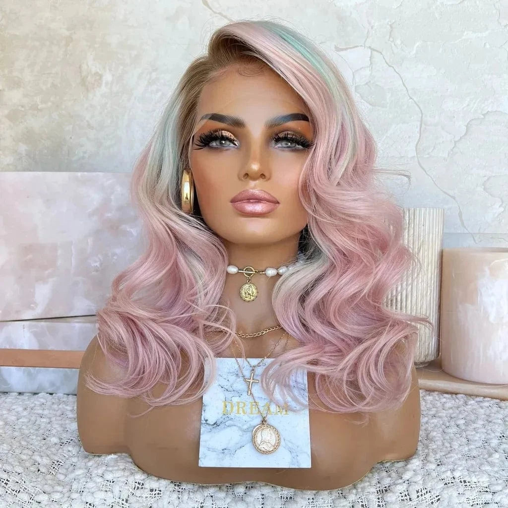 Women Wig Ombre Baby Pink Color Remy Human Hair 150% Density Transparent HD Lace Front Wigs With Dark Root