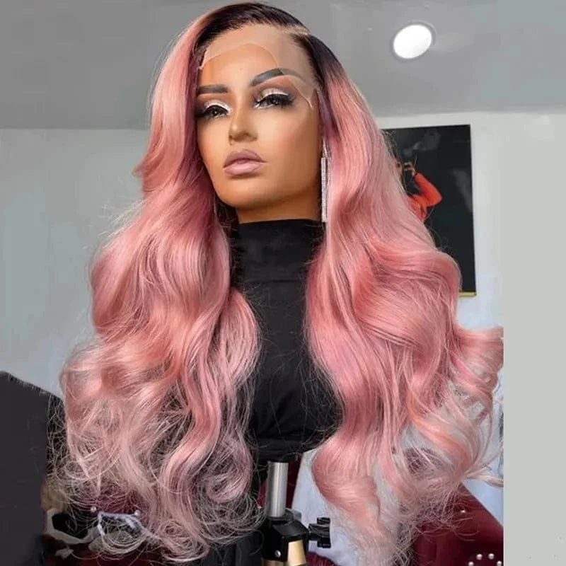 Women Wig Ombre Baby Pink Color Remy Human Hair 150% Density Transparent HD Lace Front Wigs With Dark Root