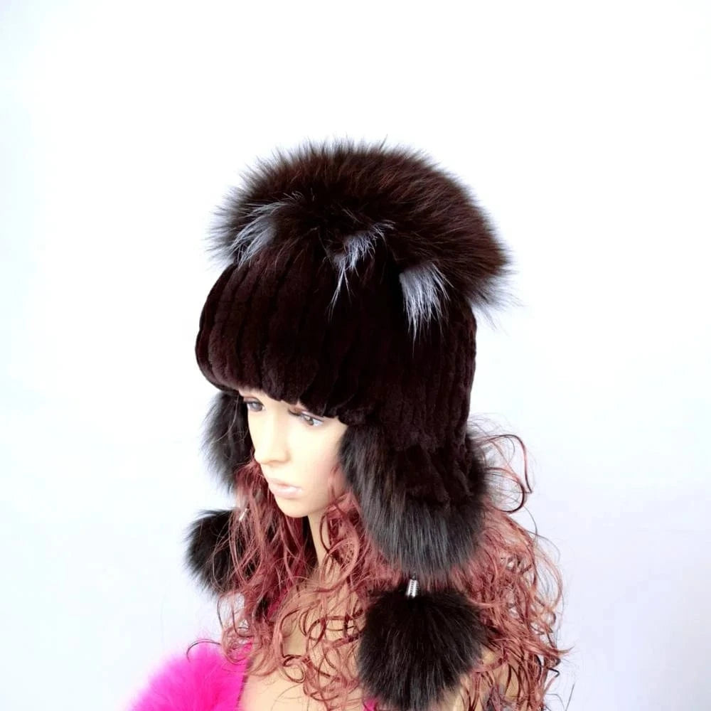 Women Winter Rex Rabbit Fur Hat Real Knitted  Fur Caps Female Russian Warm Beanies Hat New Women&#39;s Fur Hat