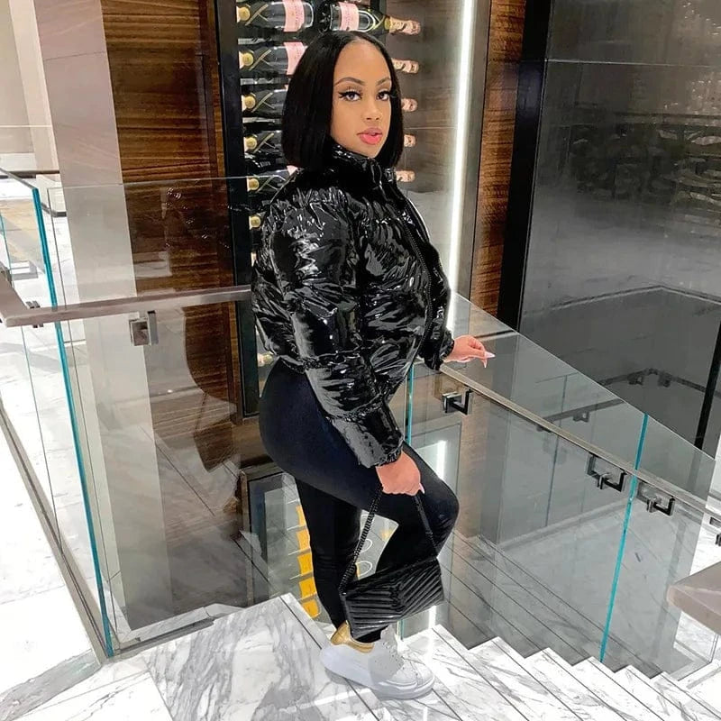 Women Winter Warm Shiny Puffer Long Sleeve Solid Zipper Cropped Bubble puff jacket Coats