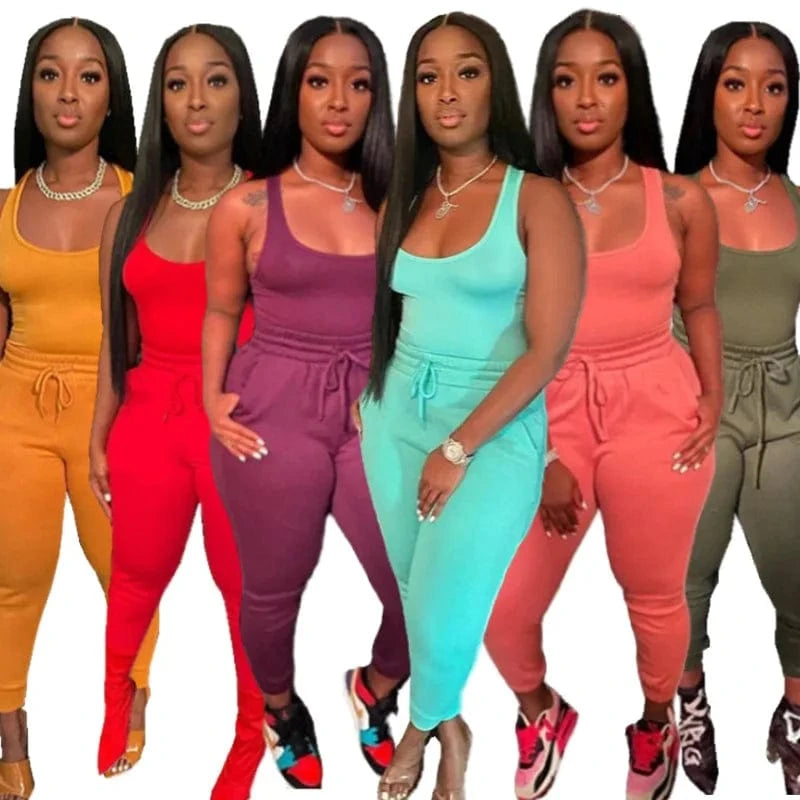 Womens 2 Piece Terry Jogger Set Tank Top Two Piece Sweat Pants Summer Cotton Jogger Sets Women Plain