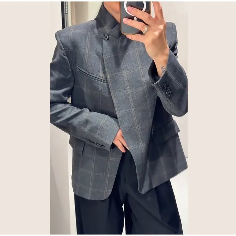 Women's Blazer + One - Button Closure, Pockets, Long Sleeves + Plaid Winter Office Style - SN Wigs & More