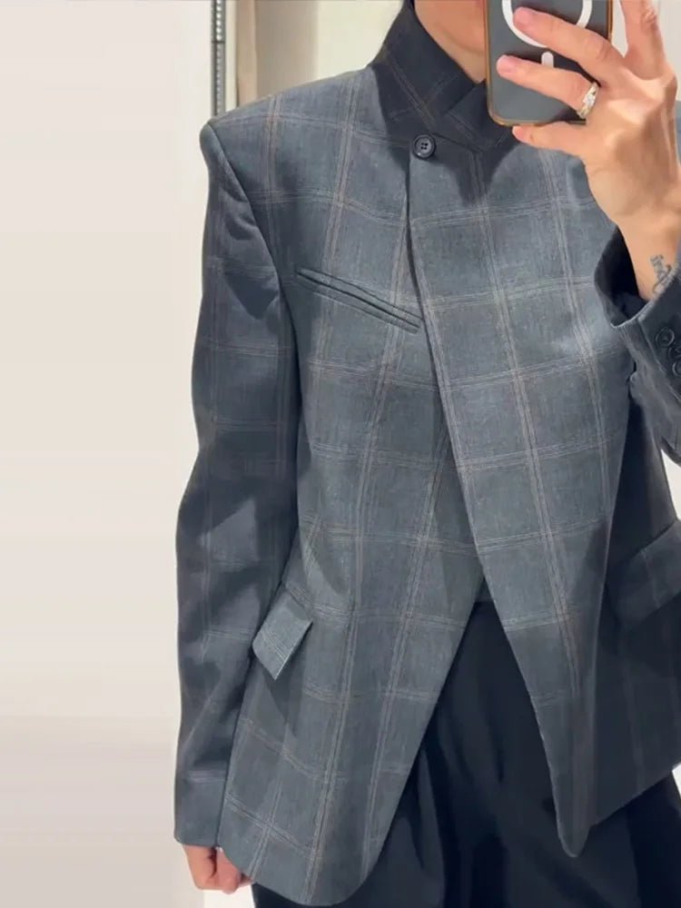 Women's Blazer + One - Button Closure, Pockets, Long Sleeves + Plaid Winter Office Style - SN Wigs & More