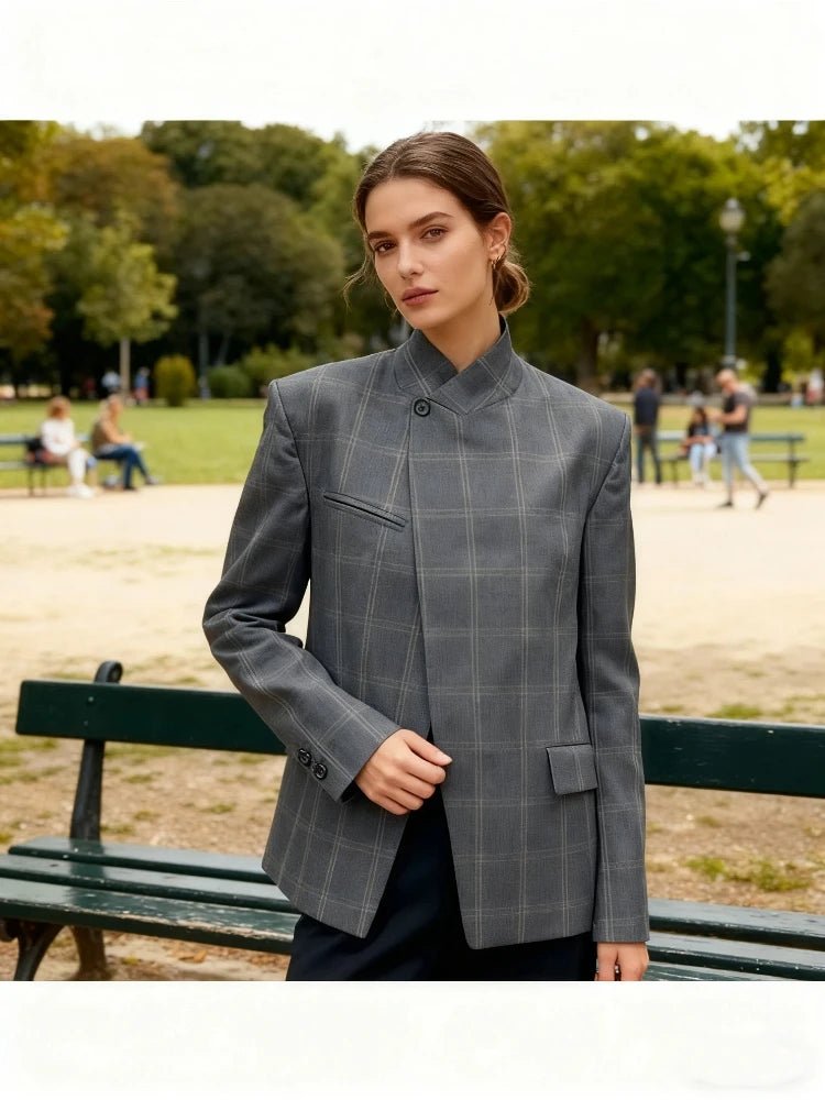 Women's Blazer + One - Button Closure, Pockets, Long Sleeves + Plaid Winter Office Style - SN Wigs & More