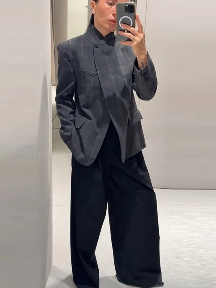 Women's Blazer + One - Button Closure, Pockets, Long Sleeves + Plaid Winter Office Style - SN Wigs & More