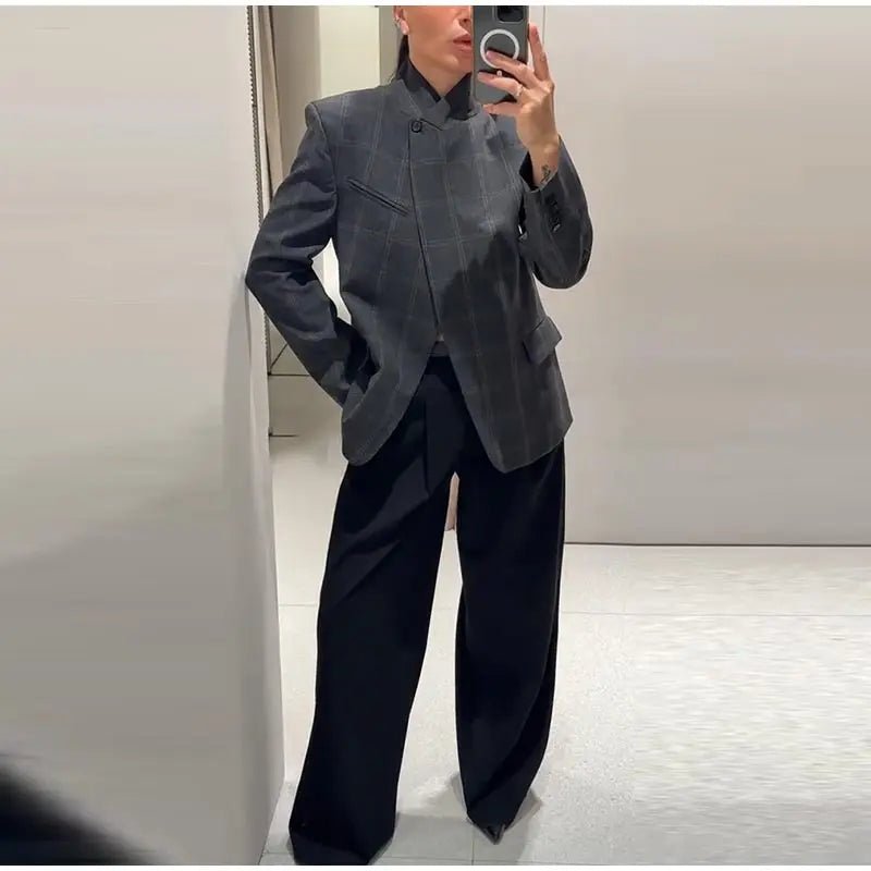 Women's Blazer + One - Button Closure, Pockets, Long Sleeves + Plaid Winter Office Style - SN Wigs & More