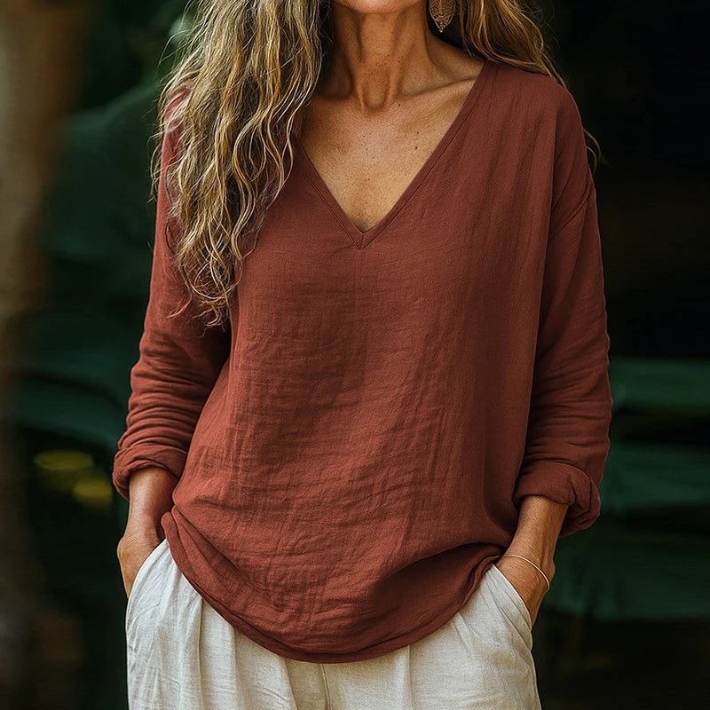 Women's Casual V Neck Pullover Blouse Long Sleeve Patchwork Chic Top Spring Autumn Solid Loose Simple Ladies Shirts Fashion 2025 - SN Wigs & More
