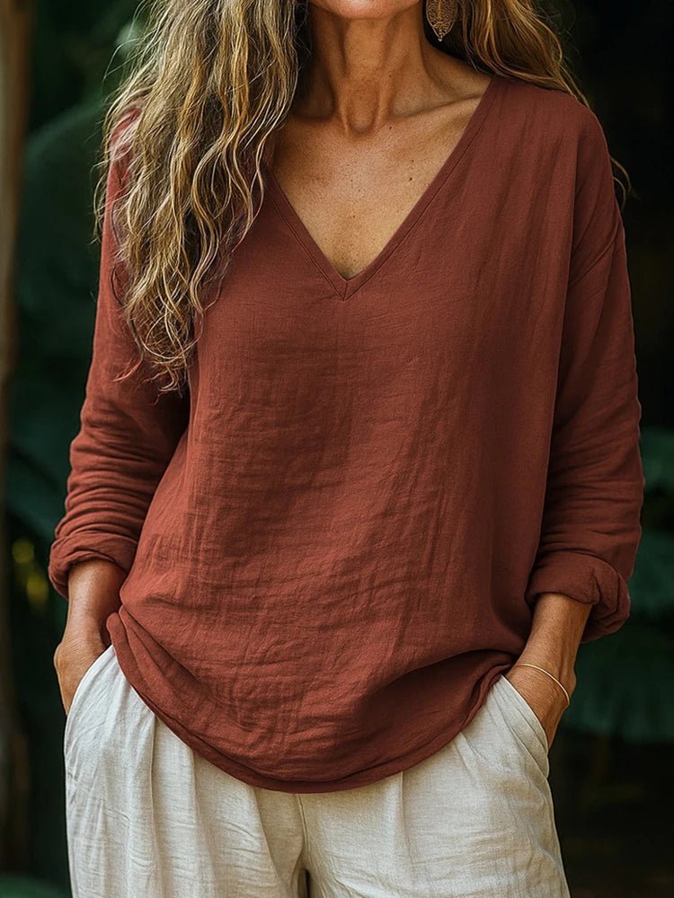 Women's Casual V Neck Pullover Blouse Long Sleeve Patchwork Chic Top Spring Autumn Solid Loose Simple Ladies Shirts Fashion 2025 - SN Wigs & More