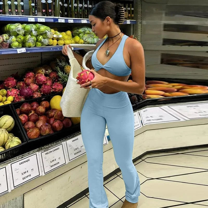 Womens Clothing 2 Two Piece Lounge Set Tracksuits Custom Crop Top and Flare Pants Set Spring Summer Casual Outfits For Ladies