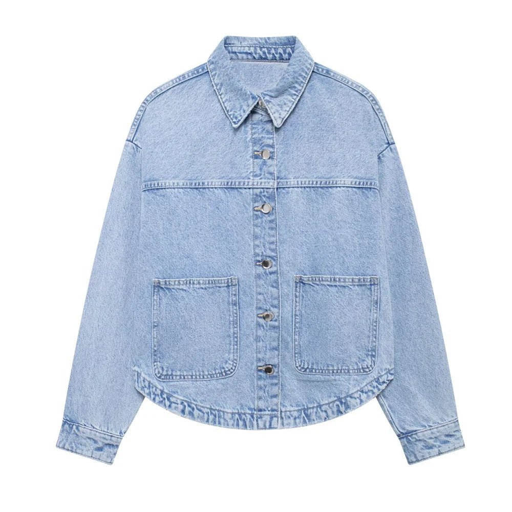 Womens Denim Jacket Buckle Patch Detail With Button Pockets Casual Everyday Style - SN Wigs & More