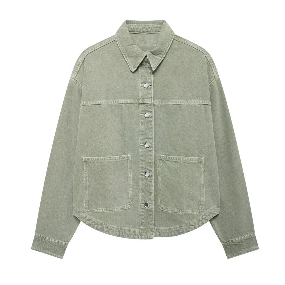 Womens Denim Jacket Buckle Patch Detail With Button Pockets Casual Everyday Style - SN Wigs & More