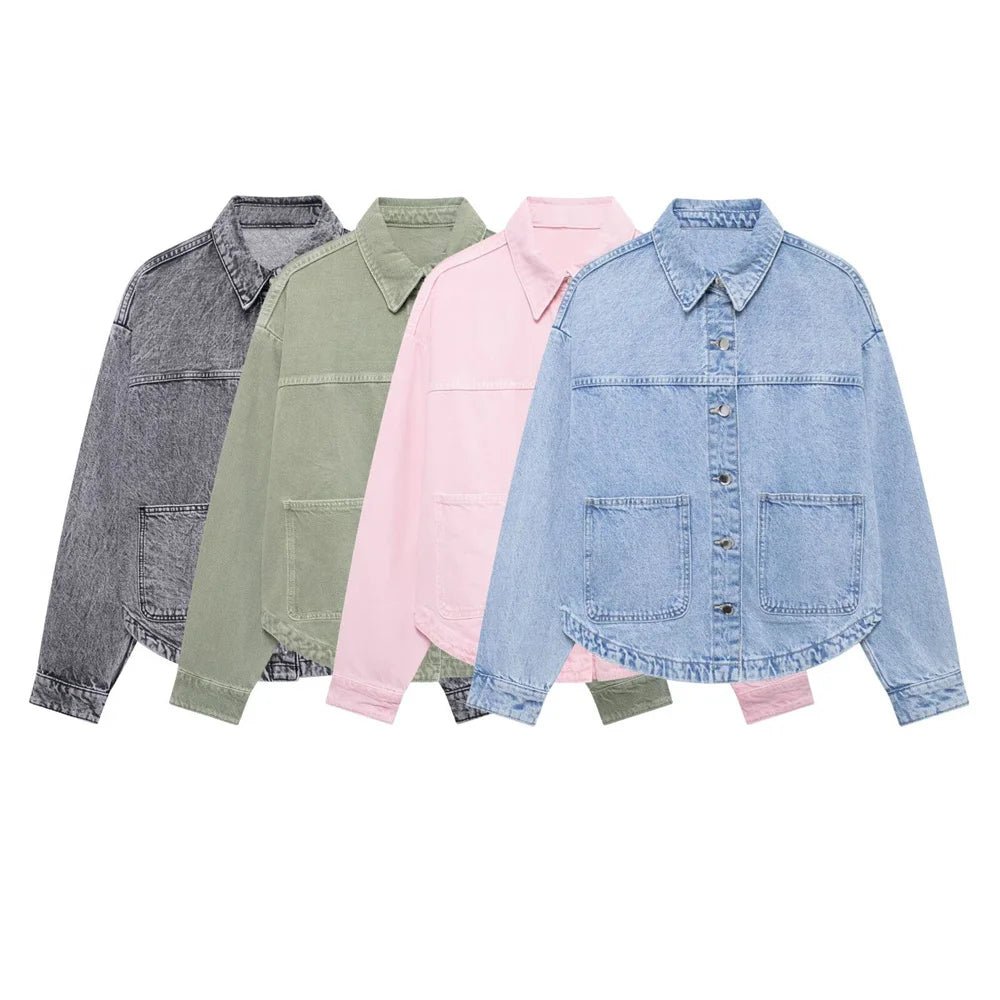 Womens Denim Jacket Buckle Patch Detail With Button Pockets Casual Everyday Style - SN Wigs & More