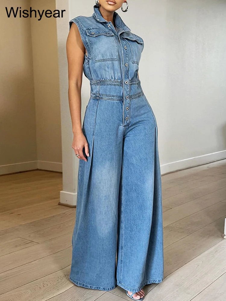 Women's Denim Jumpsuit With Pockets And Wide Leg Cut + Loose Fit + Vintage Street Style - SN Wigs & More