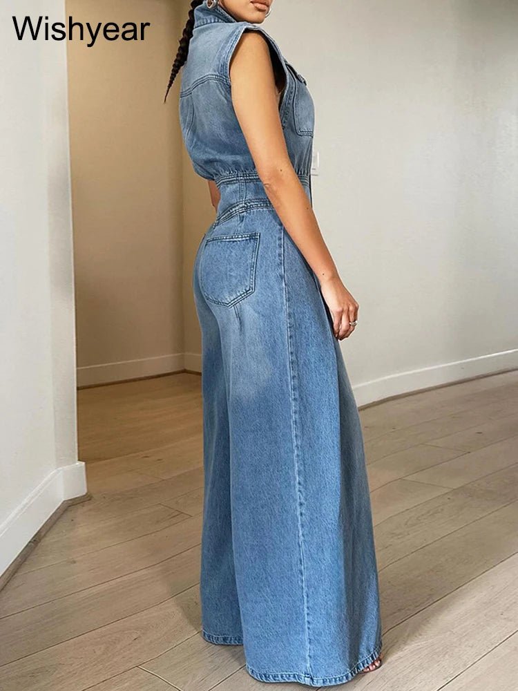 Women's Denim Jumpsuit With Pockets And Wide Leg Cut + Loose Fit + Vintage Street Style - SN Wigs & More