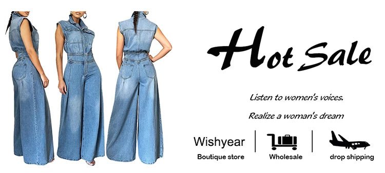 Women's Denim Jumpsuit With Pockets And Wide Leg Cut + Loose Fit + Vintage Street Style - SN Wigs & More