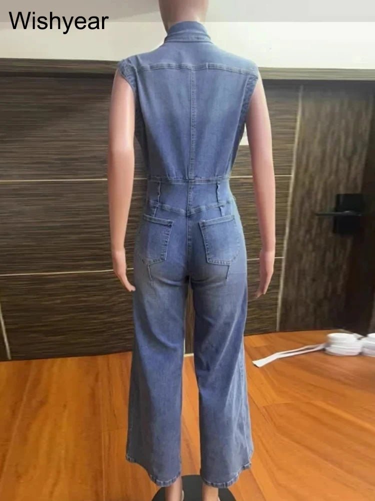 Women's Denim Jumpsuit With Pockets And Wide Leg Cut + Loose Fit + Vintage Street Style - SN Wigs & More