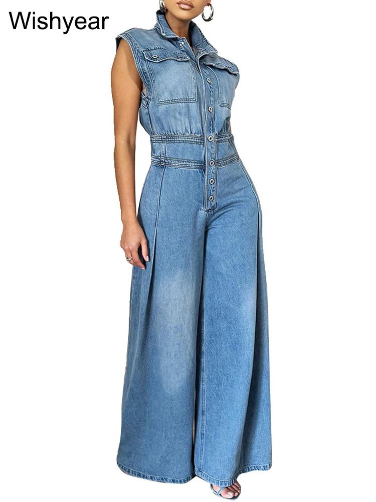 Women's Denim Jumpsuit With Pockets And Wide Leg Cut + Loose Fit + Vintage Street Style - SN Wigs & More
