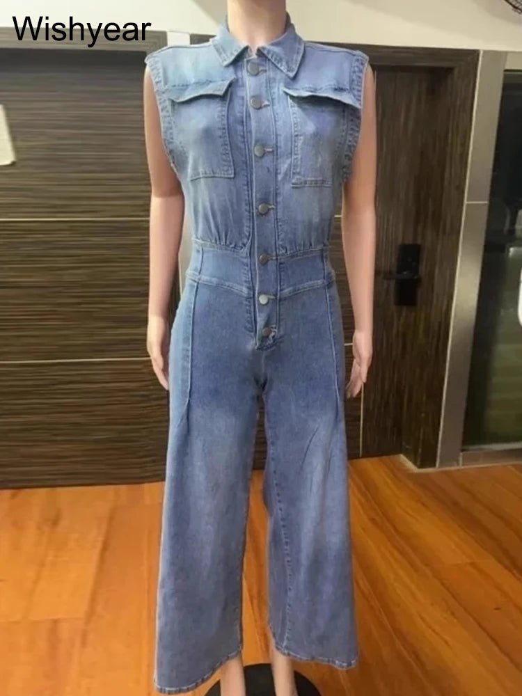Women's Denim Jumpsuit With Pockets And Wide Leg Cut + Loose Fit + Vintage Street Style - SN Wigs & More