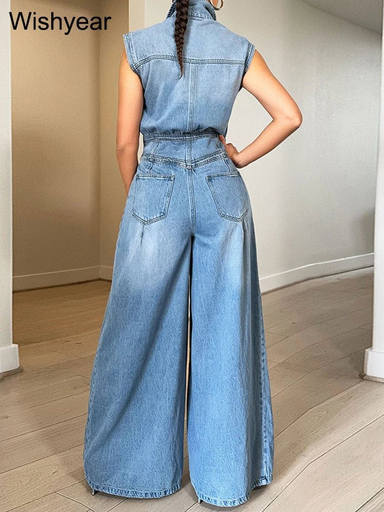 Women's Denim Jumpsuit With Pockets And Wide Leg Cut + Loose Fit + Vintage Street Style - SN Wigs & More