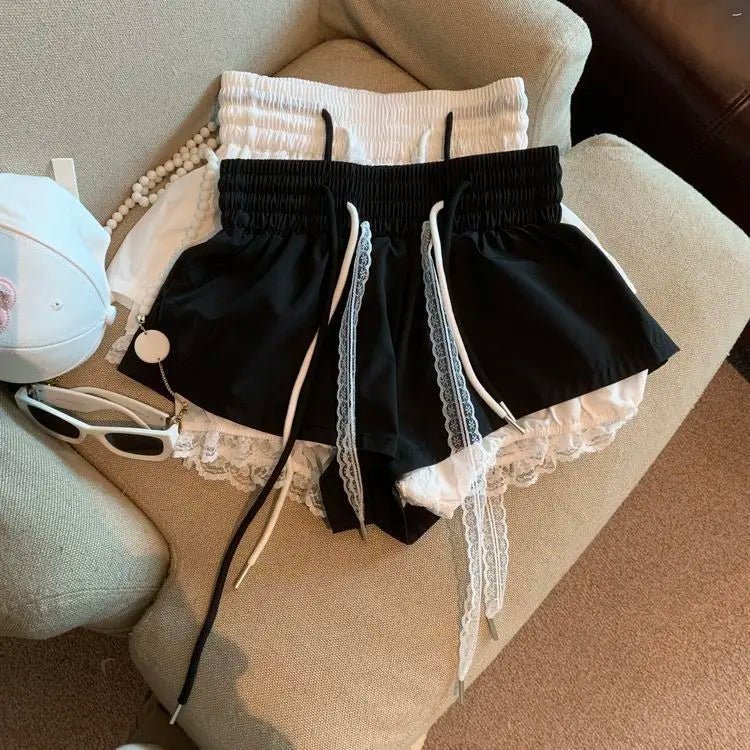 Women's Denim Shorts With Lace Splicing Detail Pockets With Belt Loops Urban Street Style - SN Wigs & More
